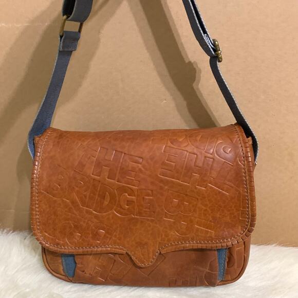 THE BRIDGE Brown Logo-Embossed Leather Vintage Saddle Messenger Bag w/Denim Trim - Picture 9 of 16